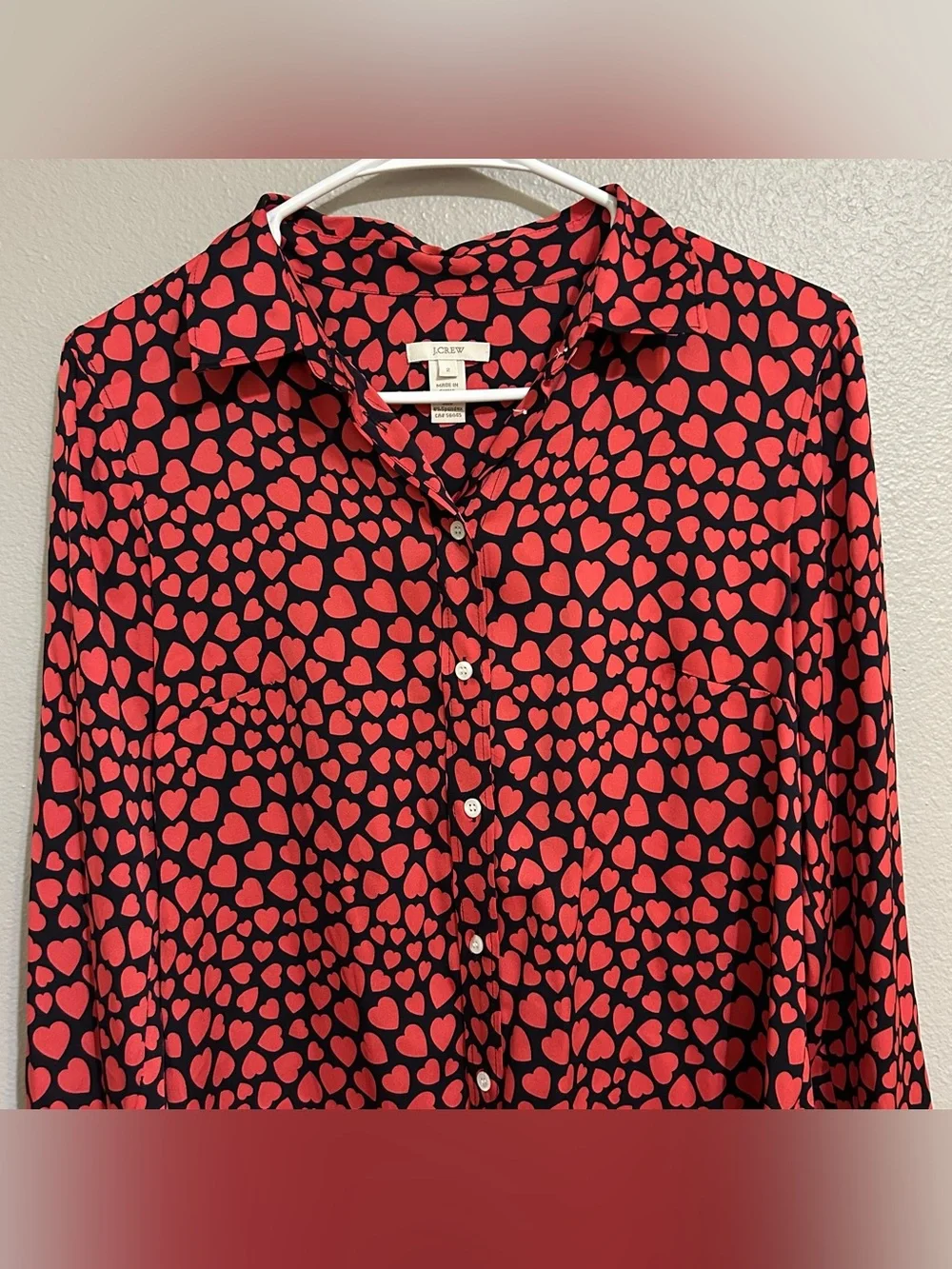 J. Crew Heart Print Silk Blend Long Sleeve Button Down Blouse Women’s Size XS 2